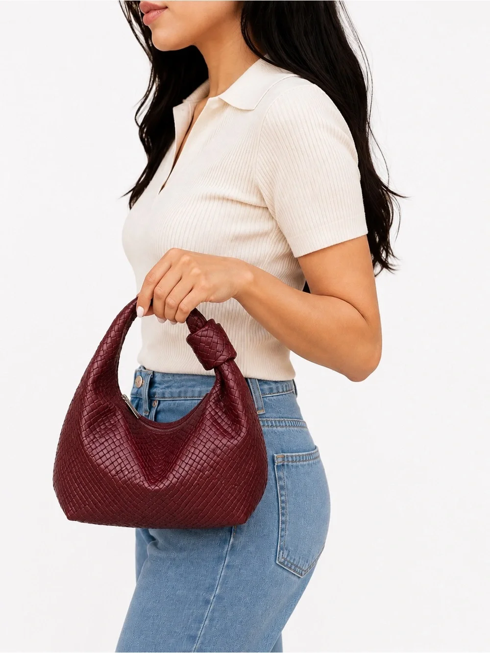 Vintage Inspired Burgundy Woven Faux Leather Hobo Shoulder Bag